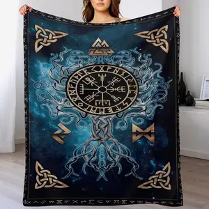 Viking Vegvisir Yggdrasil Blanket, Norse Mythology Tree of Life Throw Blanket, Soft Cozy Flannel Blanket for Viking Lover, Pagan Gift, Warm Blanket for Bed Couch