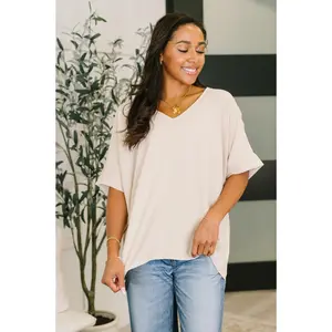 Counter Part Crinkle Woven V-Neck Top in Sand Beige