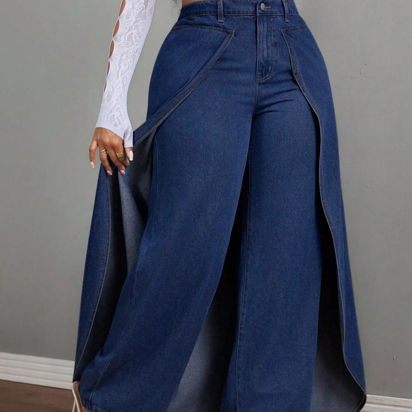 Women's Plus Size Two-Piece Denim Jeans, Casual Faux Two-Piece Design, Comfortable and Stylish Jeans for Everyday Wear, Pants, Womenswear