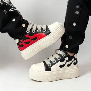 GOGD Men Women Platform Canvas Sneakers Thick Sole Flaming Design Round Toe Lace Up Casual Comfortable Sports Walking Concert Trendy Shoes outdoorfun