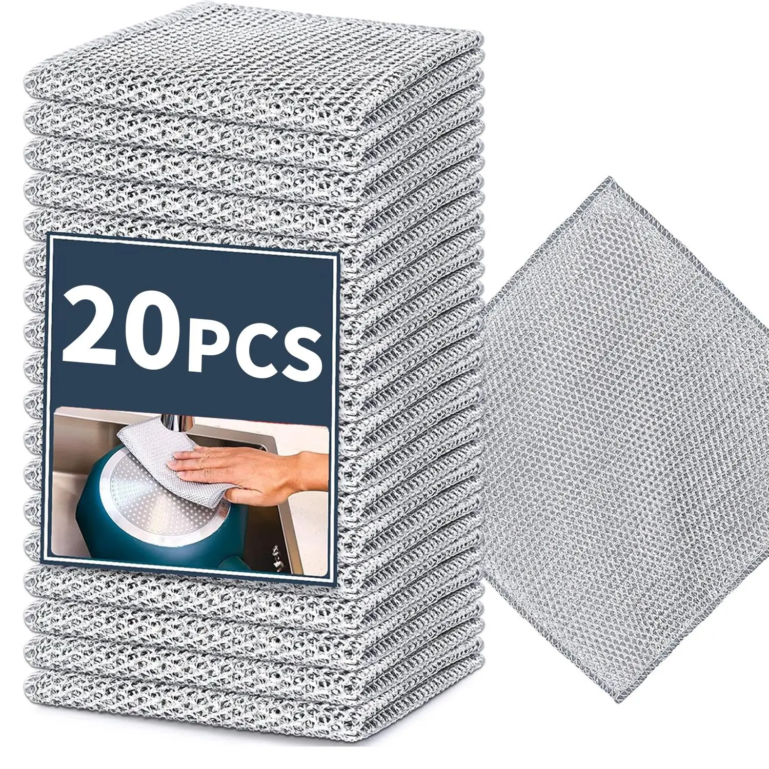 10/20PCS Double-Layer Steel Wire Cleaning Cloths - Non-Scratch Silver Mesh Heavy-Duty Reusable Durable Kitchen Household Products, Hard Kitchen Scraper Cleaning Cloths for Dishes, Pots, Pans (20pcs/pack Option), Heavy-Duty Reusable Cleaning Cloths