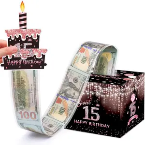 Sweet 15th Birthday Money Box for Cash Gift, Surprise Pull Out Money Gift Box with 50Pcs Transparent Bags - Fun Ways to Give Cash as A 15th Birthday Gift for Girls