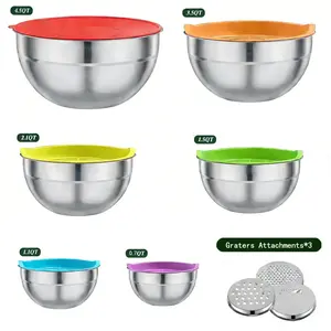 9pcs Mixing Bowls with Lids Set,Stainless Steel Nesting Storage Bowls Set for Kitchen, with 3 Greater Attachement, Kitchen Food Storage Organizers Nesting Mixing Bowl, Large Size 4.5, 3.5, 2.1, 1.5, 1.1, 0.7QT Tableware,summerwins