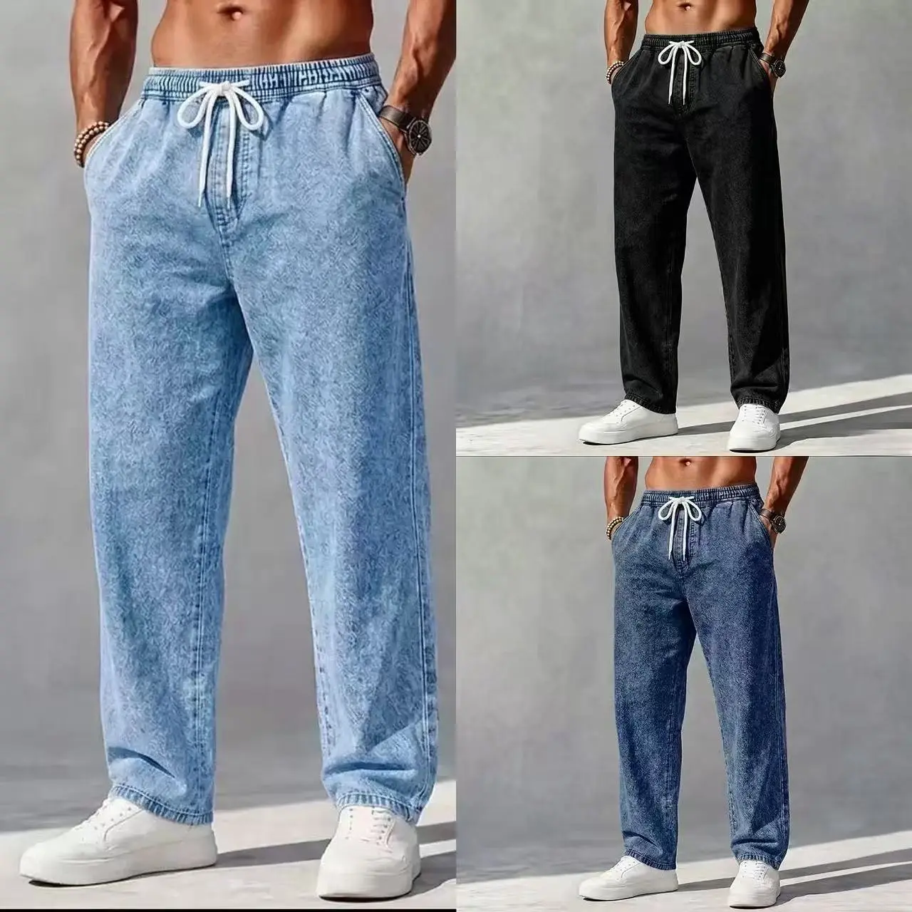 Men's American Vintage Washed Distressed Straight-Leg Denim Jeans - Elastic Drawstring Waistband, Relaxed Fit, Fluid Drape, Casual Long Menswear Trousers, Multi-Color Streetwear, Trouser