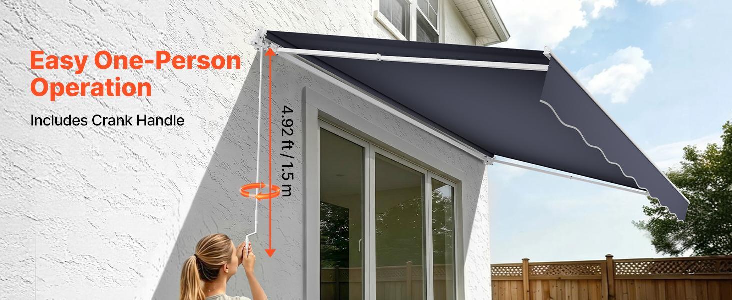 VEVOR Manual Retractable Awning, 11.5' x 9.8' Outdoor Patio Awning Retractable Sun Shade, Patio Door Window Water-Resistant Polyester Sunshade Shelter with Crank Handle for Deck, Balcony, Yard, Gray