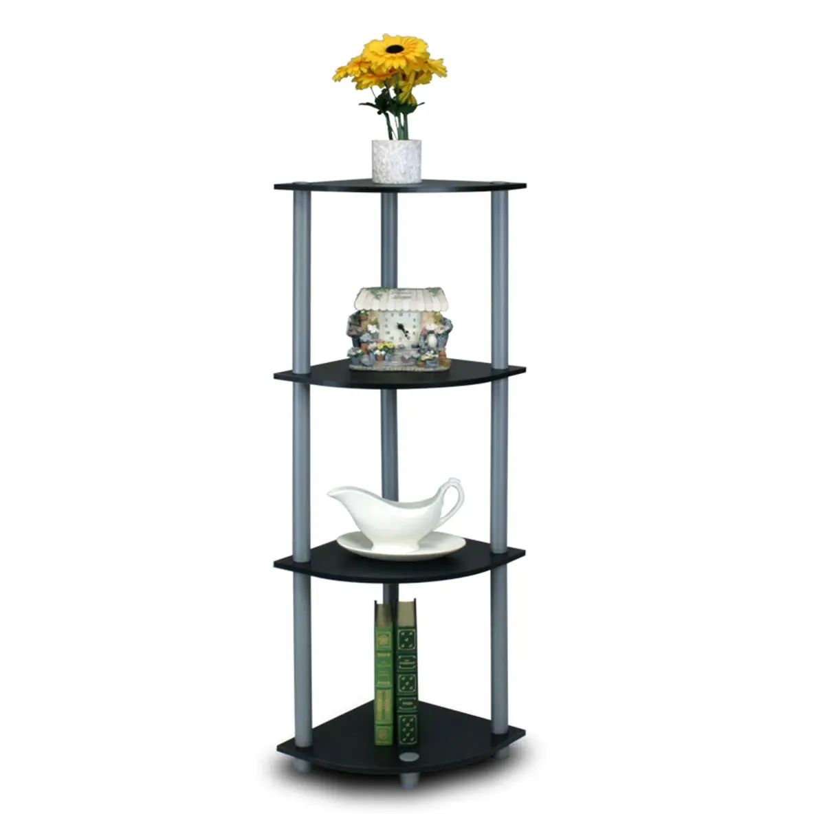Furinno Turn-N-Tube 4-Tier PVC Corner Display Shelf Organizer - Durable Minimalist Black & Grey Vertical Wall Stand Storage Drawer Unit for Decor, Household Items