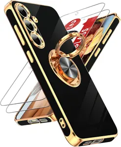 for  Galaxy S24-FE Case: with 2 Pack Tempered Glass Screen Protector and 360 Rotatable Ring Holder  Kickstand,  Rose  Edge Funda para Galaxy S24FE 5G Case, Black