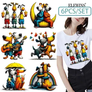 6Pcs Funny Dog Gold Foil DTF Transfer Heat Press for Tshirt Hoodie Jeans Backpack Pillow Machine Washable Plastic Festival Gift Creative Accessories