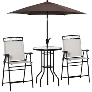 Outsunny 4 Piece Patio Bar Set for 2 with 6' Adjustable Tilt Umbrella, Outdoor Bistro Set with Folding Chairs & Glass Round Dining Table, Beige