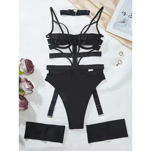 Sexy Black Lingerie Set with Leg Straps & Neck Strap - Cross-Back Design, Adjustable Straps, Form-Fitting Bodysuit for Adults, Intimate Apparel, Elegant Intimate Wear, Highquality Material, Seductive Clothing, Fashion Lovers