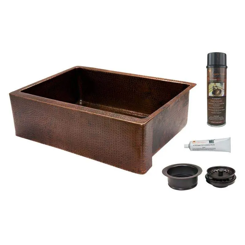 30" Hammered Copper Kitchen Apron Single Basin Sink with Matching Drain