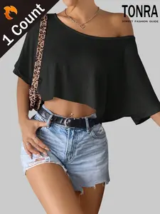 Women's Casual Summer Short Sleeve Top, Loose Fit with Asymmetrical Shoulder Design, Lightweight Knit Fabric for Comfort, Casual Wear