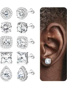 5 Pairs 316L Surgical Steel Cubic Zirconia Stud Earrings for Women Men Hypoallergenic CZ Earring Stacks Brilliant Cubic Zirconia Square Round Teardrop Halo Earrings for Women Trendy