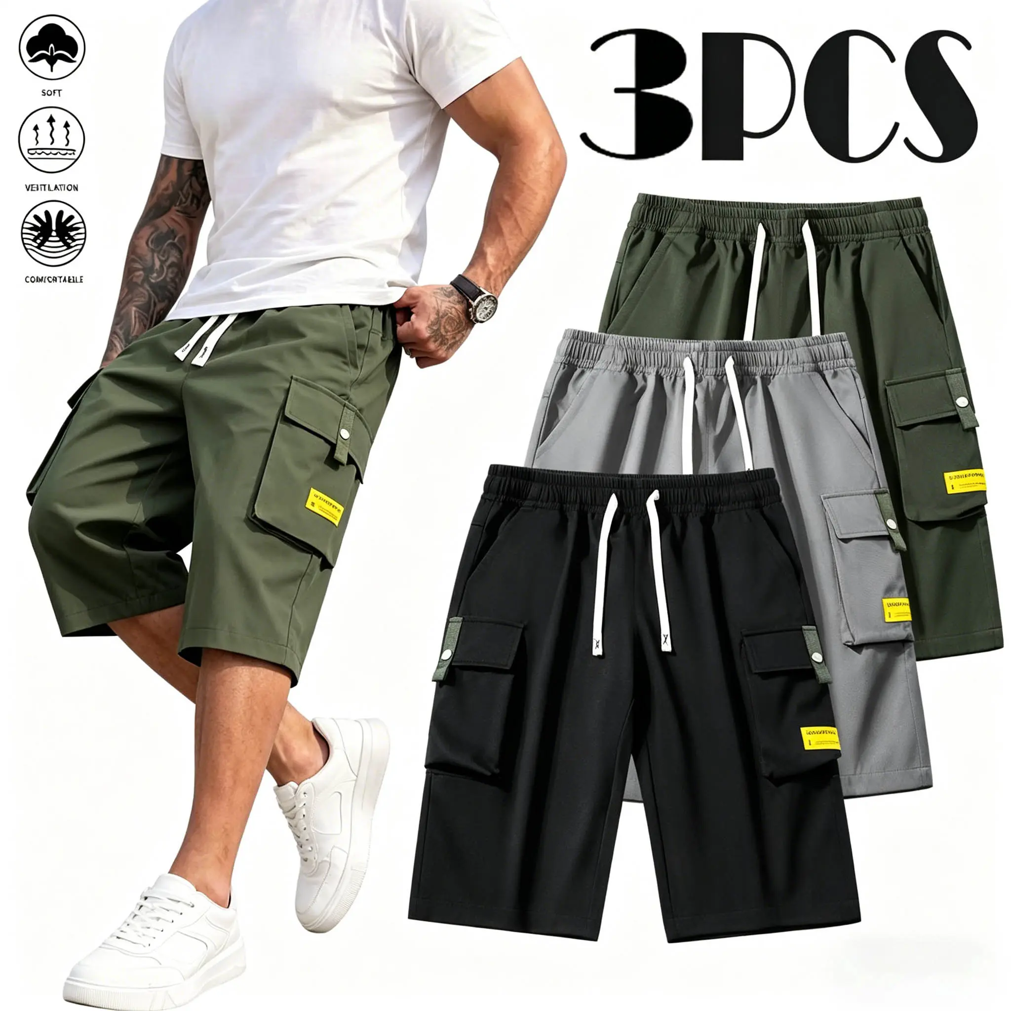 Men’s 3-Pack Stretch Cargo Shorts - Baggy Cargo Style, Knee-Length, Multi-Color Woven, Multipocket, Casual Activewear Sportswear, Versatile for Daily Wear & Outdoor Activities, Gym-Ready Men’s Bottoms