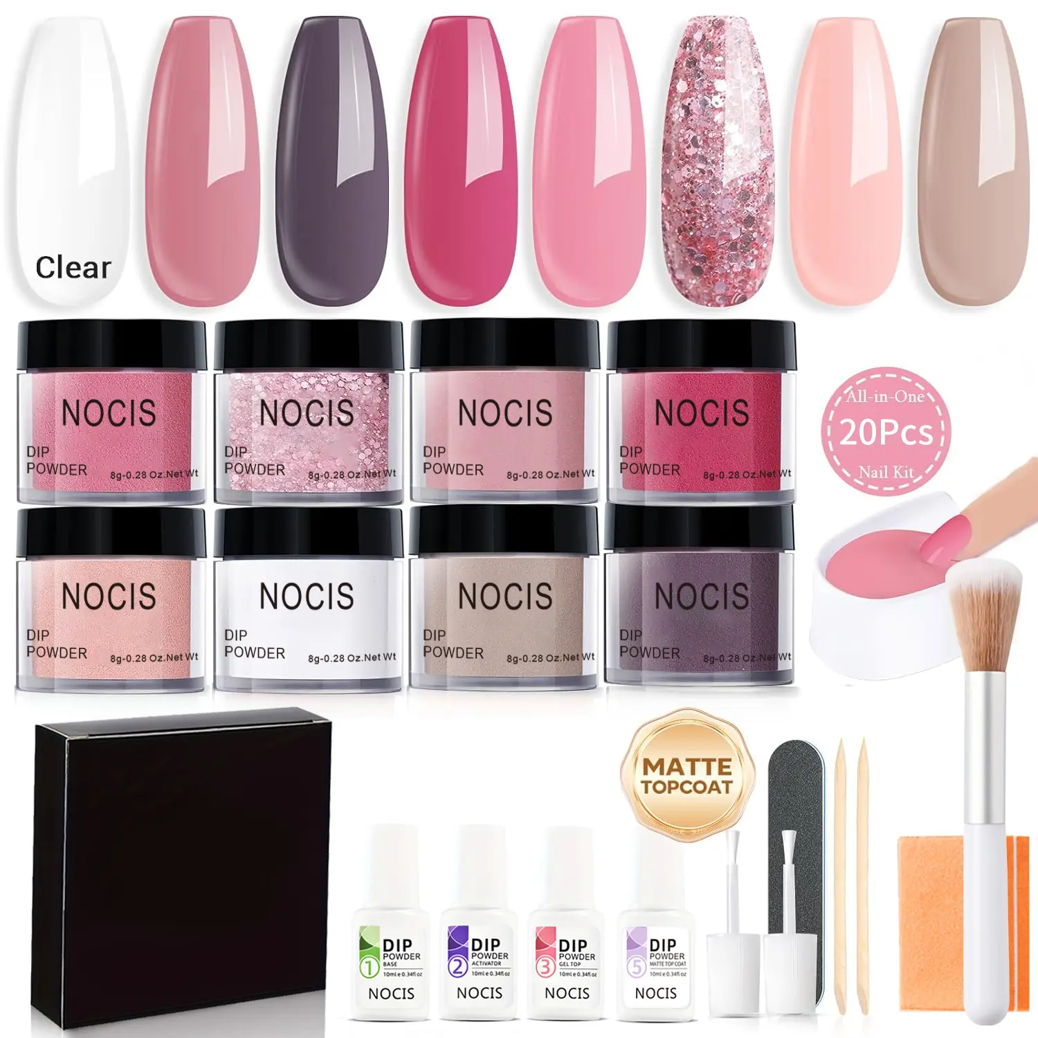NOCIS Dip Powder Nail Kit - 8x8g Smooth French Nail Art Dipping Powders, Gentle Salon-Quality Set with Base Coat, Top Coat, Activator, Brush, Durable Polish - All-in-1 Daily Manicure Tools for Beginners