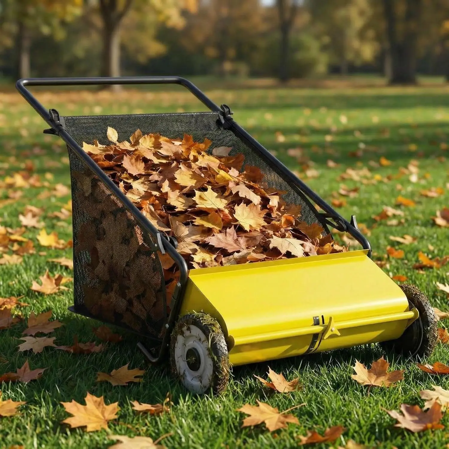 Yellow 26 Inch Heavy Duty Push Lawn Sweeper 4 Spinning Brushes Steel Frame 7 Cu. Ft. Adjustable Height Collector for Grass Leaves Yard Debris, Leaf Collector Sweeper