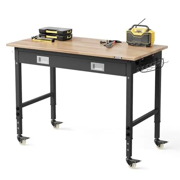 GAOMON Rectangular 48x24 in Workbench with Drawer, 6-Level Adjustable Height, 2000lb Load Capacity, Solid Rubberwood Top, Power Outlets, Swivel Casters, Pegboard & Hooks for Garage