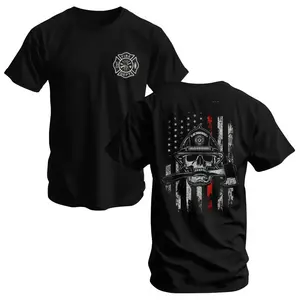 180g[100%cotton]Firefighter Skull T-Shirt, Thin Red Line Flag and Axe Graphic, Soft Cotton Tactical Shirt, Bold Fire Dept Apparel for Men, Gift for Brave Firemen & Rescue Workers