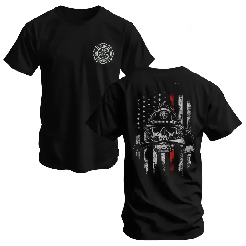 180g[100%cotton]Firefighter Skull T-Shirt, Thin Red Line Flag and Axe Graphic, Soft Cotton Tactical Shirt, Bold Fire Dept Apparel for Men, Gift for Brave Firemen & Rescue Workers