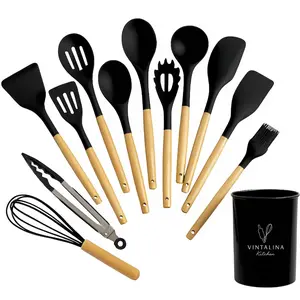Silicone Cooking Kitchen Utensils Set – BPA‑Free, Non‑Toxic, Non-Stick, Heat‑Resistant to 446 °F, Non‑Scratch Wooden Handles + Utensil Holder