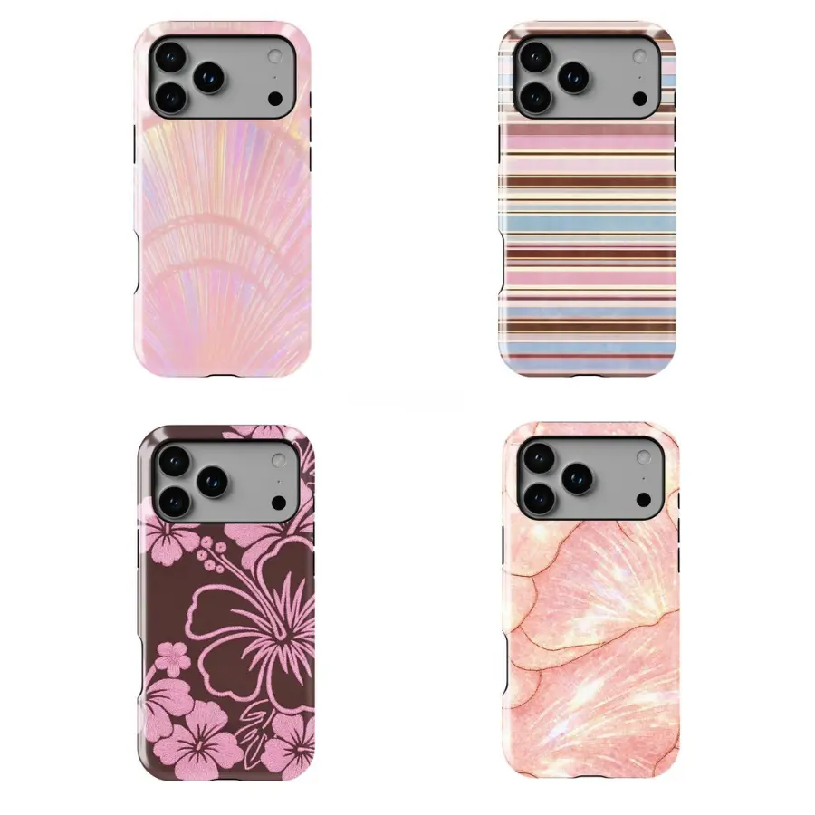 2D Printed Pink Coastal Seashell Phone Case for iPhone , Cute Hibiscus Tropical Flower Preppy Stripes Mother of Pearl Pattern Summer Ocean Aesthetic Protective Shockproof Hard PC TPU Cover Shell