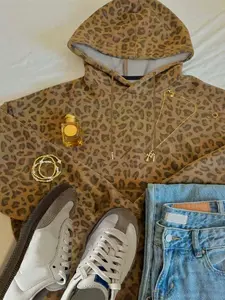 Women's Leopard Print Hoodie Sweatshirt, Casual Street Style, Vintage Youth Holiday Simple Campus Natural Versatile Quality