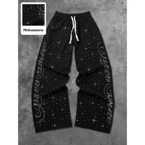 Men's Street Style Straight Leg Sweatpants, Design Sense American Fashion Rhinestone Embroidery, Unisex Casual Pants for Daily Wear