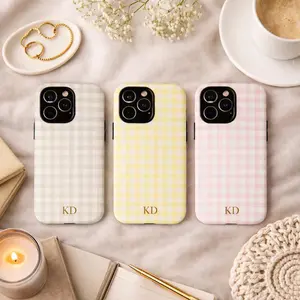 Personalized Gingham Phone Case Monogram Gold Initials, iPhone 17 16 15 14 13 Pro Max Plus Air, Galaxy S25 S24 S23 S22 S21 Google gift for her men's cool gadgets iphone 17 pro max cases girls