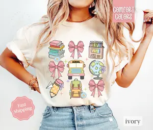 Teacher Bow Shirt Comfort Colors, Coquette Teacher Tshirt, Gift For Teacher Appreciation, Back to School Womenswear Oversized Crewneck Tee