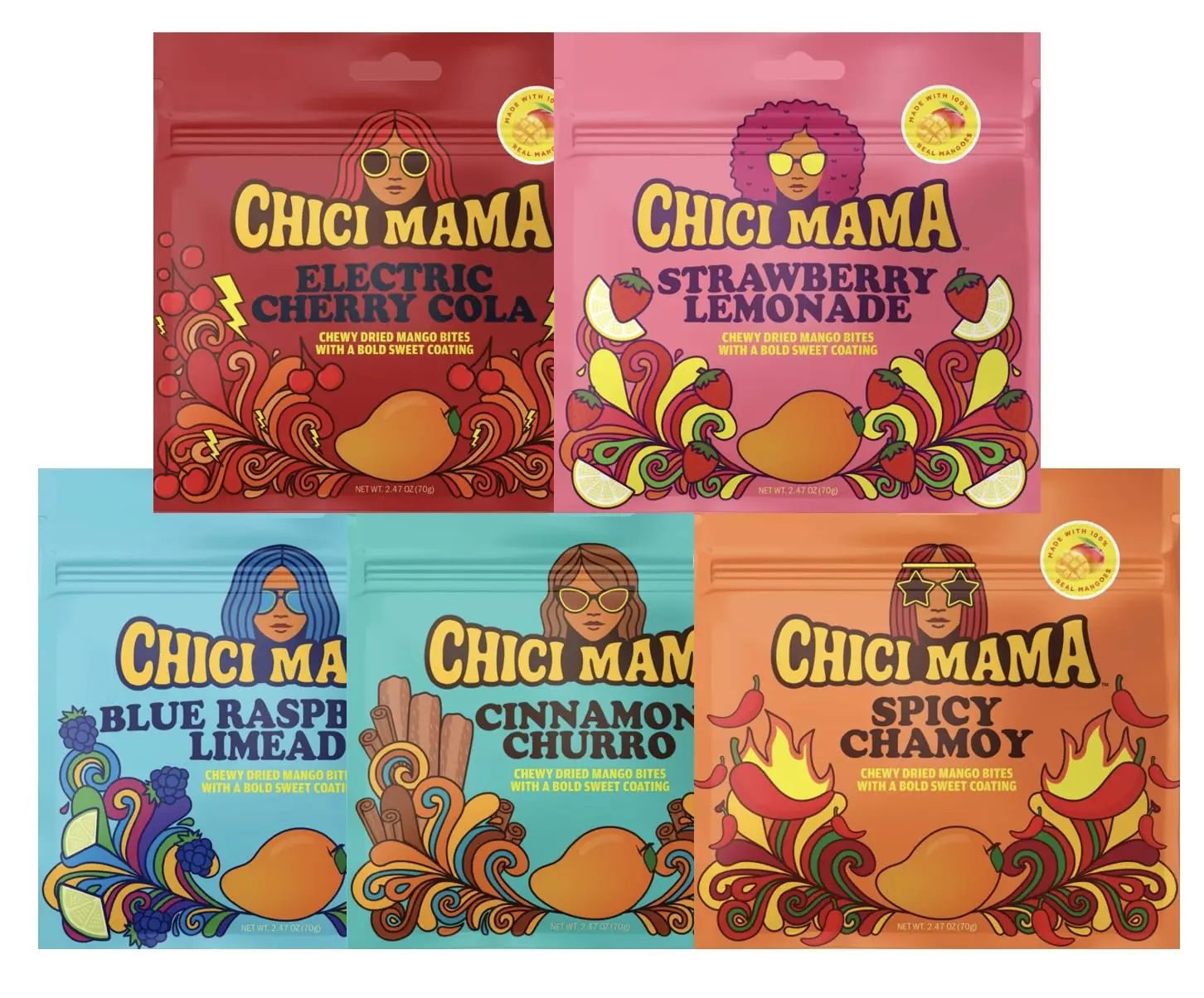 Chici Mama Dried Mango Bites 5-Pack Variety Pack – Assorted Fruit-Flavored Mango Snacks, Sweet, Tangy & Spicy Flavors
