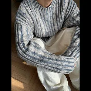 NewAutumn Winter Vintage Blue Striped Sweater, Casual Loose Knitwear Pullover, Thick Fabric for Comfortable Wear During Fall & Winter Seasons, Womenswear