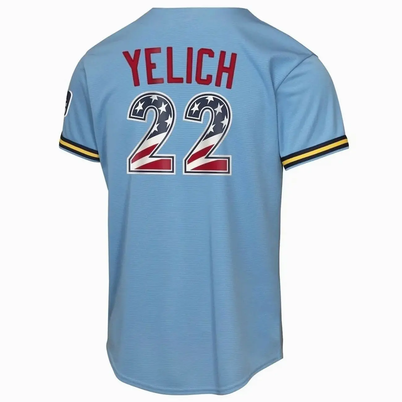 Unisex Baseball Jersey 22 Yelich Milwaukee 2026 USA 250 Fourth of July Road Replica Jersey - Light Blue
