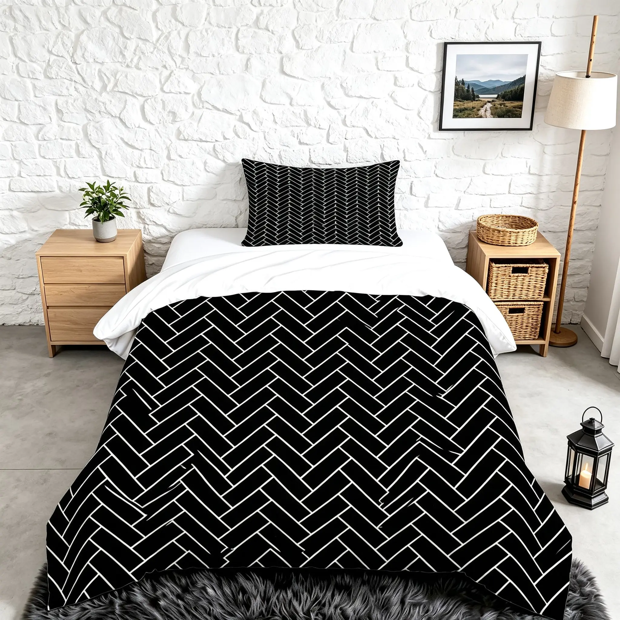 2/3‑Piece Black‑White Geometric Herringbone Duvet Cover Set, Modern Minimalist Digital Print Bedding, Without Insert, Stylish Bedding for Bedroom Decor & Contemporary‑Style Enthusiasts