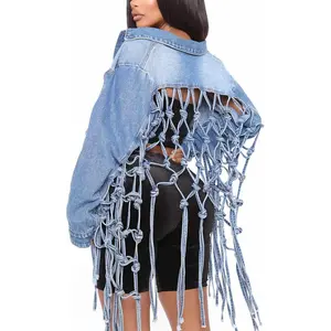 Women's Long Fringe Cropped Denim Jacket Back Hollow Out Knotted Tassel Distressed Blue Button Down Jean Coat