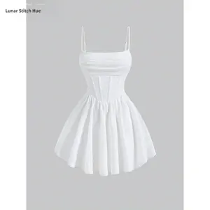 New Summer Fashion Sexy Dress Solid Color Pleated Back Zipper Strap Dress