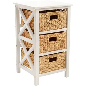 eHemco 3 Tier X-Side End Table Side Table Storage Cabinet with 3 Natural Water Hyacinth Wicker Baskets for Living Room