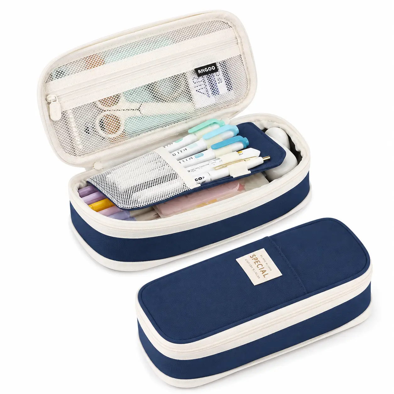 Retractable Double Layer Pencil Case, Large Capacity Zipper Pen Pouch with Multi-Compartment Storage, Portable Aesthetic Stationery Organizer for School, College, Office & Students