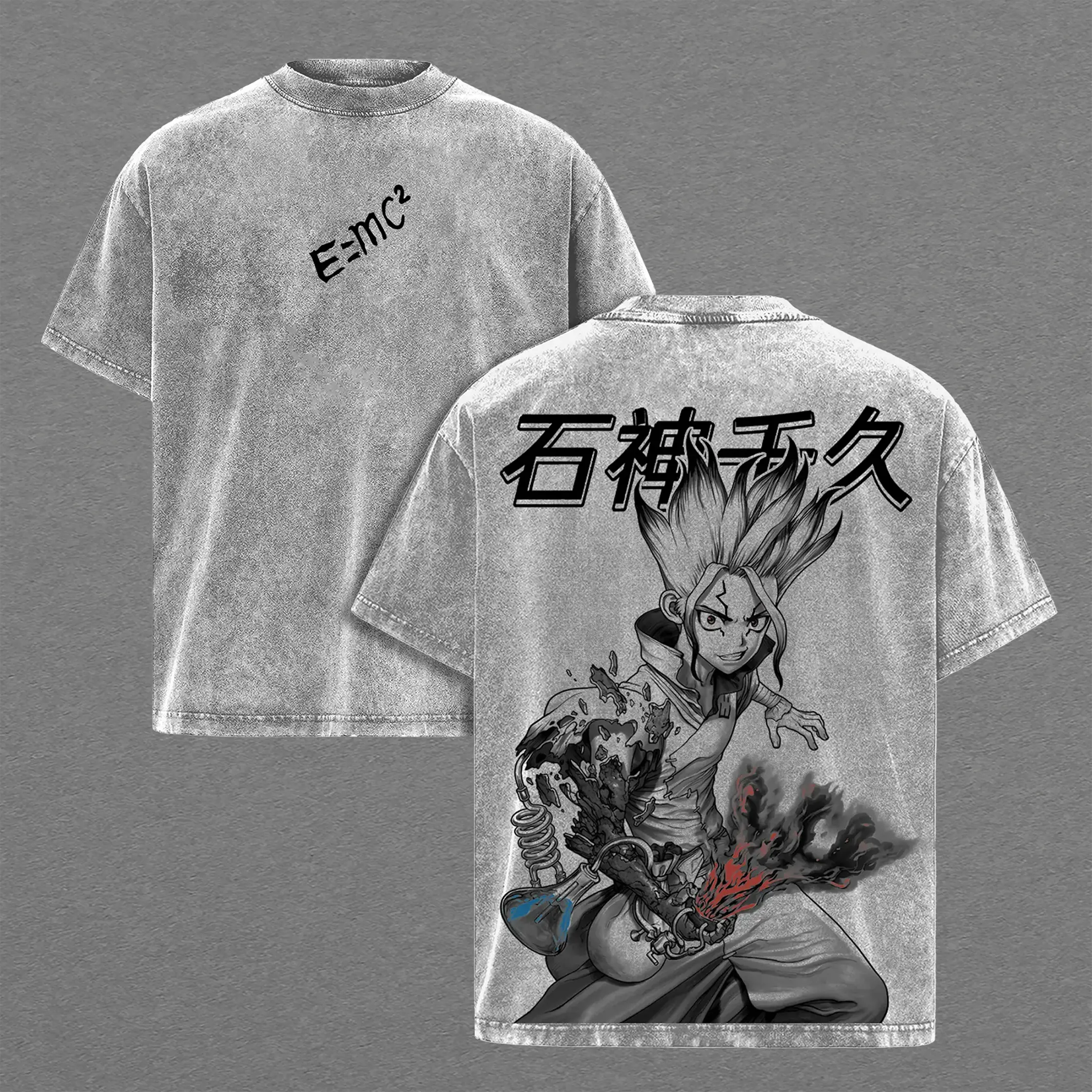 Men's Loose-Fitting Senku Ishigami Science Power Graphic Tee - Vintage Washed Dr Stone Anime Shirt, E=mc² Genius Design, Chemistry Explosion Artwork, Heavyweight Cotton Unisex Streetwear Gift for Dr Stone Fans