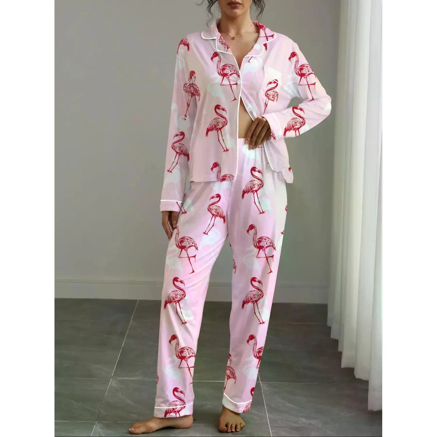 Women's Long Sleeve Sleepwear Set, Flamingo Print, Elegant Casual, Comfortable Lapel Top & Wide Leg Pants, Holiday Party Wear, Pajamas