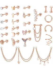 Delicate 27 Pcs Rose Golden Exquisite Flat Back Earrings Hypoallergenic Surgical Steel Alloy Copper Stud Earring Stacks Set for Women Men Dainty Chain Dangle Cartilage Tragus Daith Helix Piercing Jewelry Set