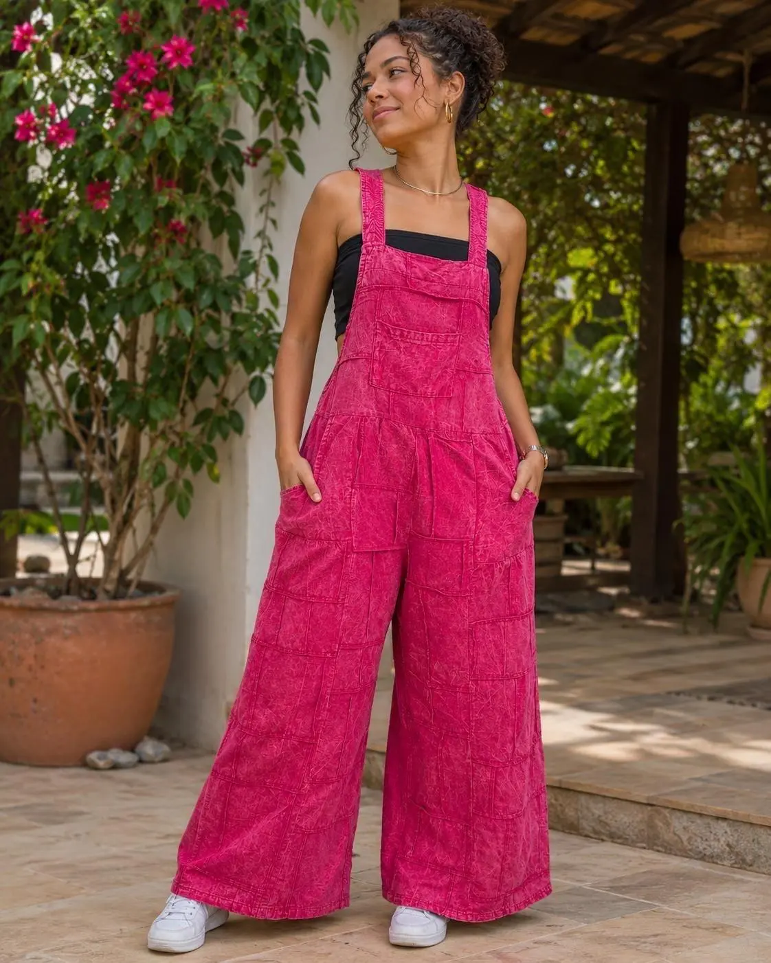 Pink Wide-Leg Overalls | Baggy Boho Jumpsuit Romper | Loose Fit Sleeveless Summer Outfit
