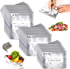 30Pcs Reusable Aluminum Foil Sealable Storage Bags,Freezer Bags Stand Up Foil Sealable Bags with Label and Zip Lock,Aluminum Foil Bags for Food Vegetable Fruit Meat (10S+10M+10L)