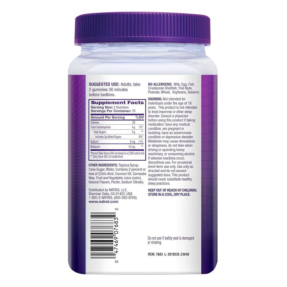 Natrol Melatonin Sleep Aid Gummy, Fall Asleep Faster, Stay Asleep Longer, 2 Gummies per Serving, 100% Drug and Gelatin Free, Non-GMO, 10mg, 140 Count