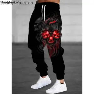 Men's Fall Winter Evil Skull Print Casual Loose Fit Drawstring Sweatpants Cotton Linen Harem Pant Running Work Trouser Menswear Bottoms