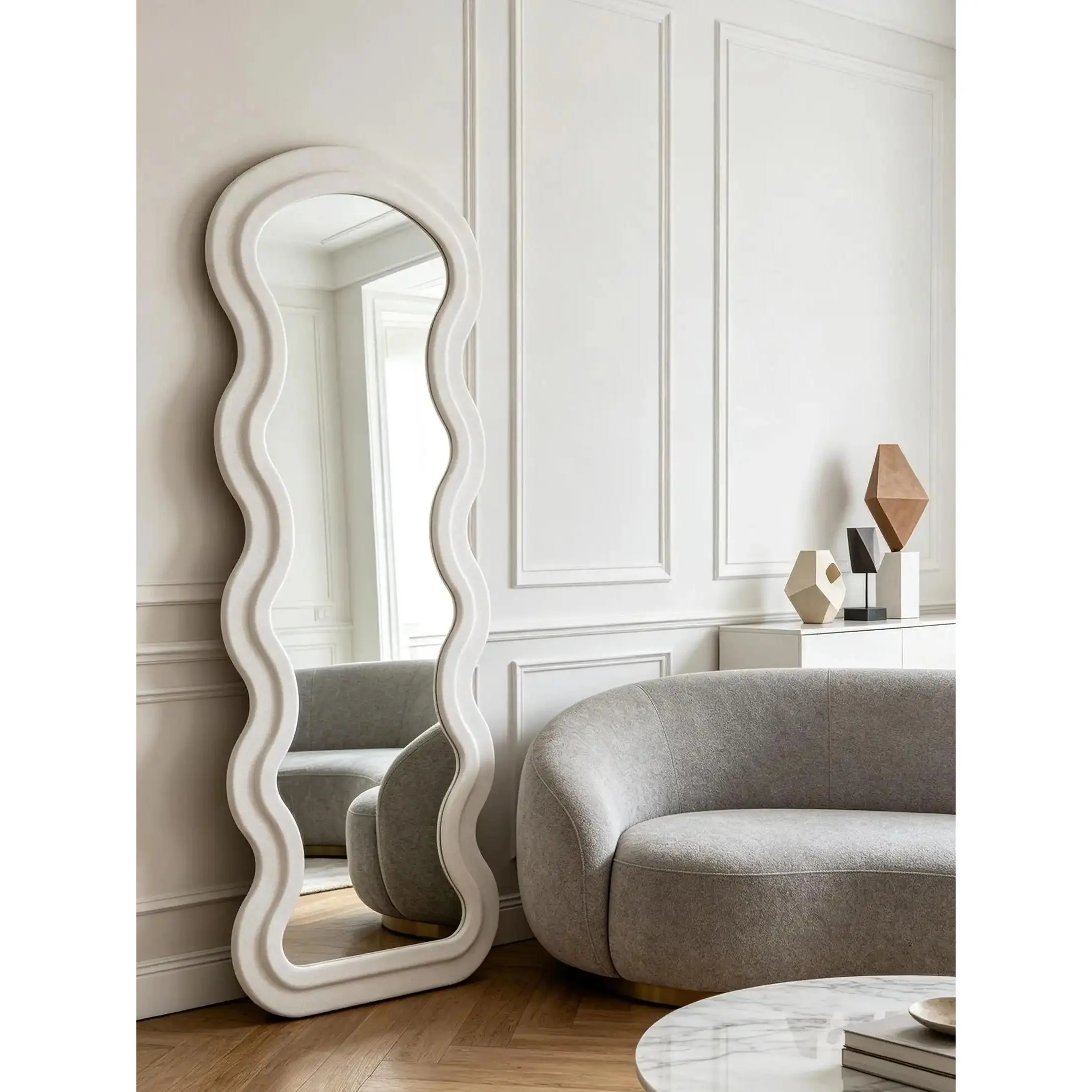 Summervibes Flannel Full Length Wave White Floor Mirror with Stand, Multi-Purpose Freestanding Full Body Mirror, Hanging or Leaning Against The Wall Decorative Mirror for Bedroom, Living Room Home Decor