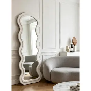 Summervibes Flannel Full Length Wave White Floor Mirror with Stand, Multi-Purpose Freestanding Full Body Mirror, Hanging or Leaning Against The Wall Decorative Mirror for Bedroom, Living Room Home Decor