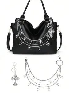 Vintage Silver Color Cross Pendant Chain, Multi-Layer Metal Chain, Personalized Accessory, Unisex Bag Charm, Keychain Decoration, Purse Accessories, Fashion Bag Charms