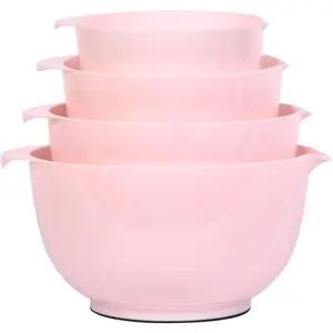 Nesting Plastic Mixing Bowl Set, 4 Piece Mixing Bowl Set with Pour Spouts, Size 1.7, 2.5, 3.5 and 4.5qt, for Prepping, Mixing, Baking, Cooking(2023 New Version, Pink) Food Safe Easy To Clean