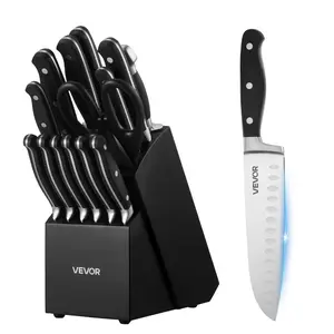 VEVOR Kitchen Knife Set with Block and Sharpener, 15 Piece High Carbon Stainless Steel Sharp Knife Set, Kitchen Cutlery with Crack-Resistant Handle, Sharpening Rod and Wooden Block, for Home Cooks