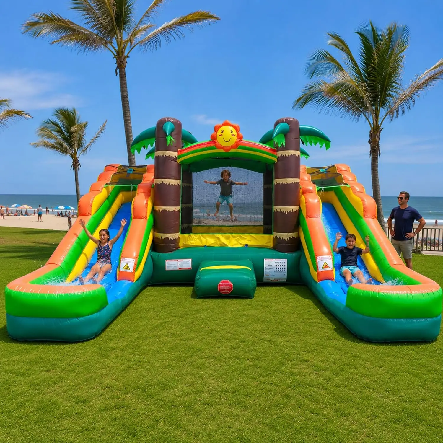 UIWEFHWEPogo Bounce House Inflatable Jump Castle Dual Water Slide, Pools, Tropical | Heavy-Duty 15oz Vinyl in Stress Areas, Jump Bouncer Double Waterslide Combo w/ Blower, Stakes, & Storage Bag, 500lb Capacity
